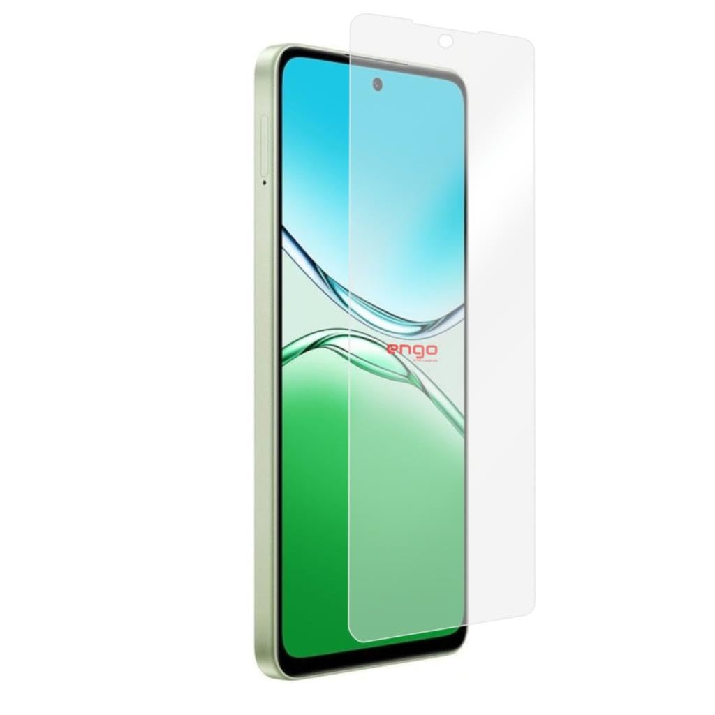 Yesil bir akilli telefon, onunde seffaf bir ekran koruyucu ile beyaz arka planda dik duruyor.