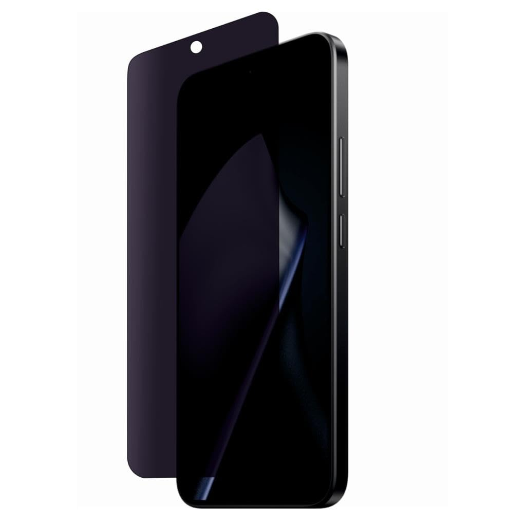 Önünde hafifçe tutulan koyu renkli bir ekran koruyucuya sahip siyah akıllı telefon.