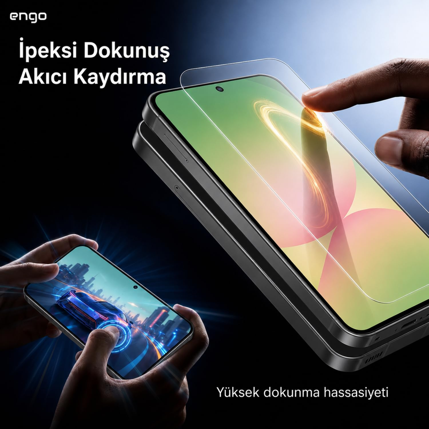 Bir parmak akıllı telefonun ekrandaki koruyucusuna dokunuyor. Solda biri yarış oyunu oynuyor.