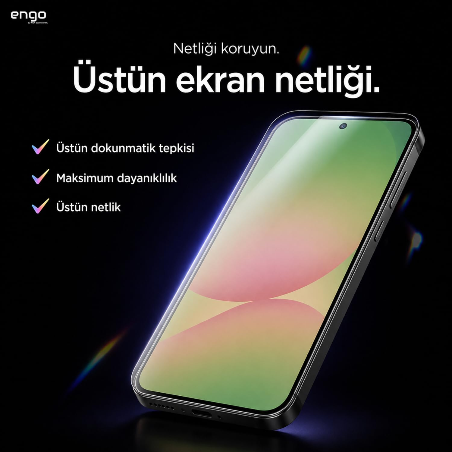 Siyah arka planda akıllı telefon, metin ve ekran koruyucu özellikleri.