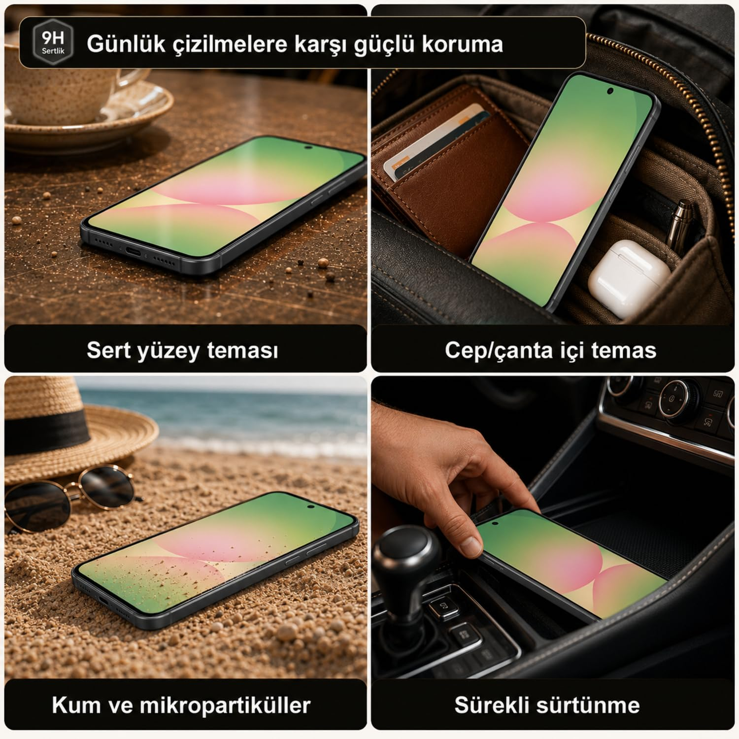 Dört görsel, sert zemin, çanta içi, kum ve araç içi gibi günlük durumlarda bir akıllı telefonu göstermektedir.