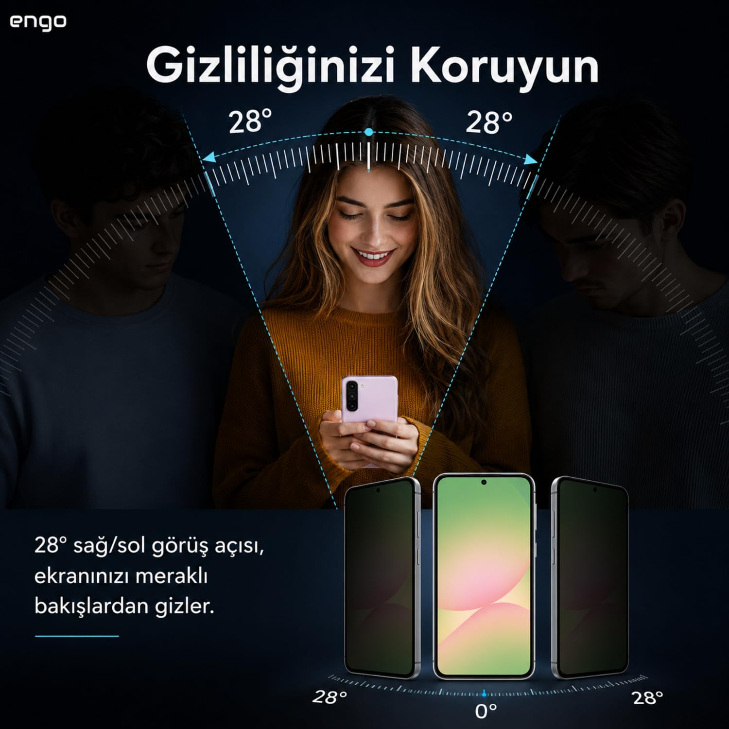 Sarı kazaklı bir kadın akıllı telefon kullanıyor, yandaki açılar ise 28 derecelik gizlilik açısıyla engelleniyor.