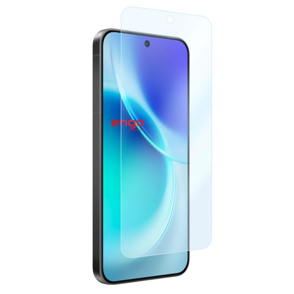 Üzerinde hafifçe süzülen mavi ekran koruyuculu bir akıllı telefon.