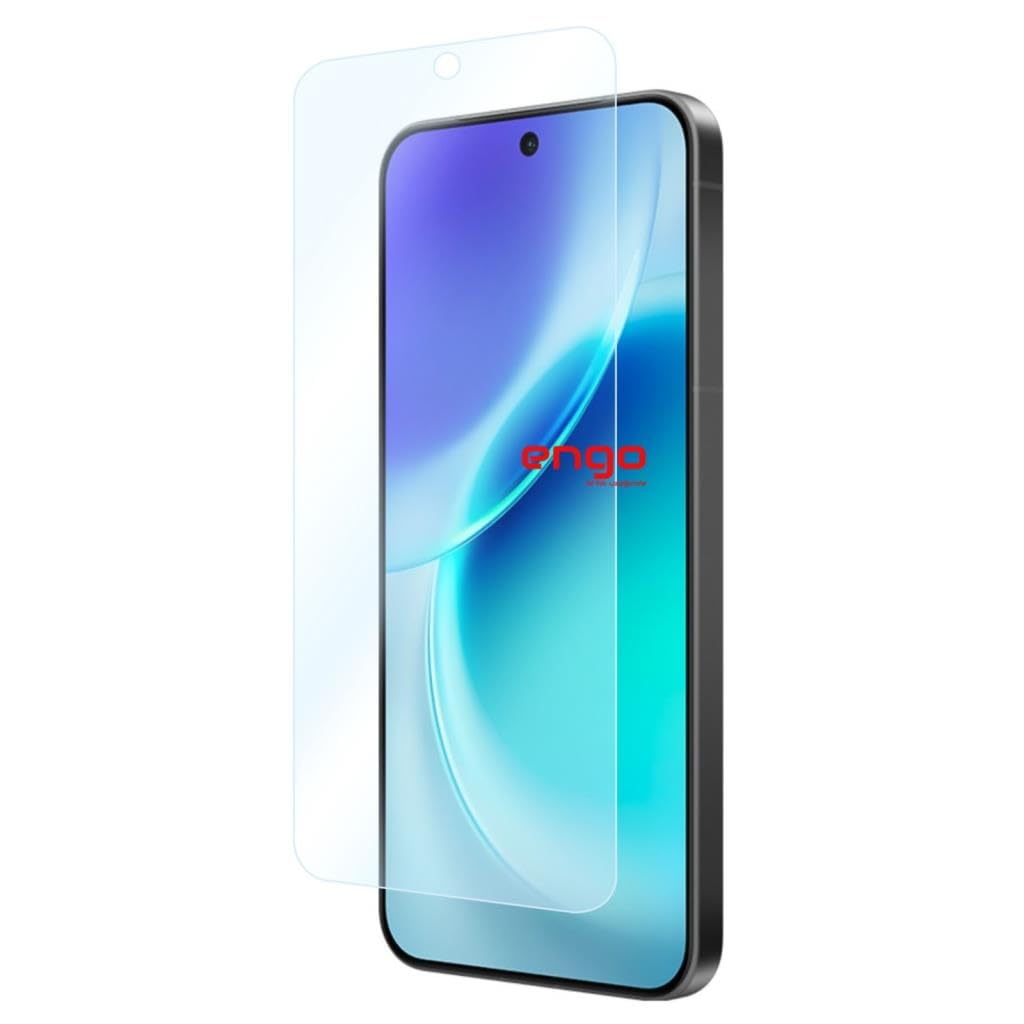 Ekranının biraz üzerinde duran ekran koruyuculu bir akıllı telefon.