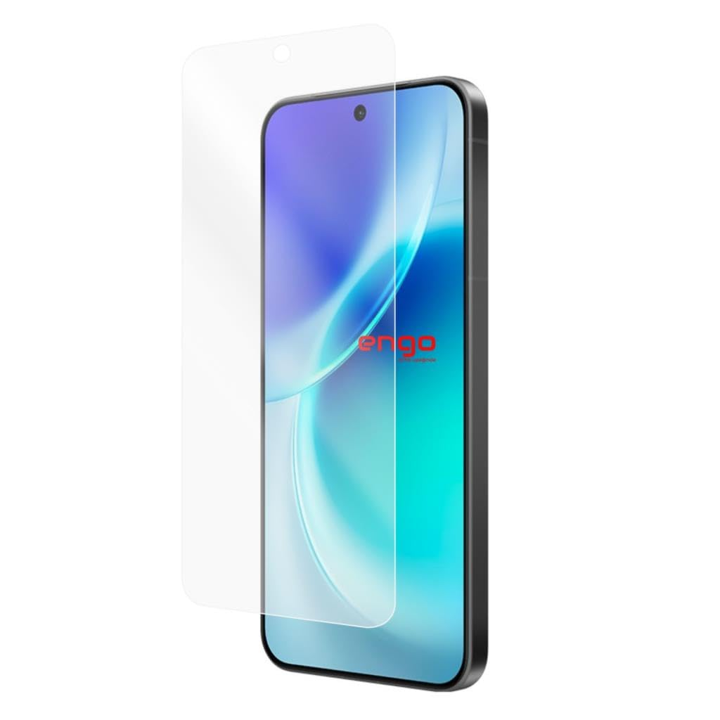 Ekranının hemen üzerinde hafifçe duran şeffaf cam ekran koruyuculu bir akıllı telefon.