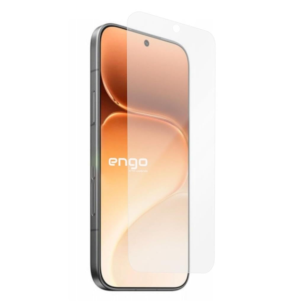 Ekranında turuncu arka plan olan ve önünde şeffaf koruyucu film bulunan bir akıllı telefon.
