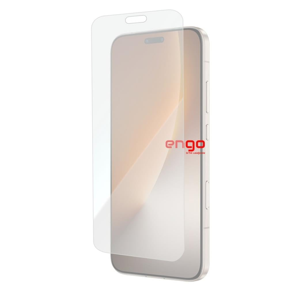 Modern bir akıllı telefonun önünde şeffaf bir ekran koruyucu yer alıyor ve ekranda kırmızı engoロゴ görünüyor.
