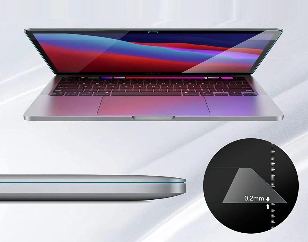 Renkli ekranlı gümüş dizüstü bilgisayar ve 0.2 mm koruyucu kalınlığını gösteren yakın çekim.