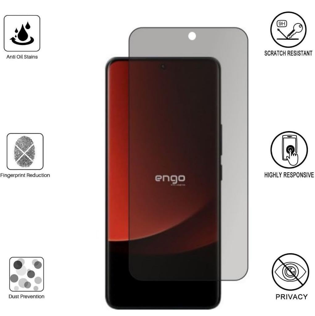 Gizlilik ekran koruyuculu akıllı telefon, çizilmezlik, leke ve toz önleme simgeleriyle çevrili.