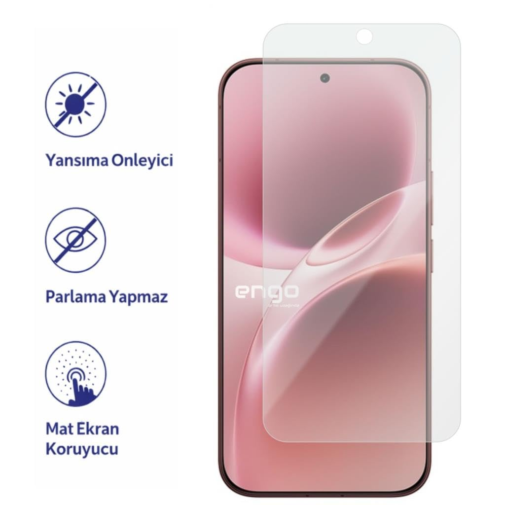 Mat ekran koruyuculu akıllı telefon ve sol tarafta yansıma önleyici özellikleri g österen üç mavi simge.