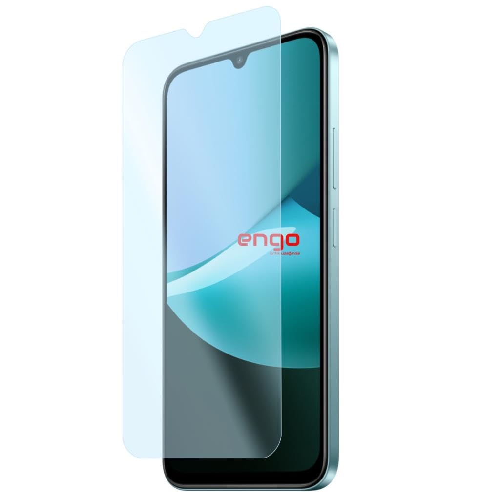 Ekranının hemen üzerinde tutulan bir ekran koruyucu ile açık mavi renkli bir akıllı telefon.