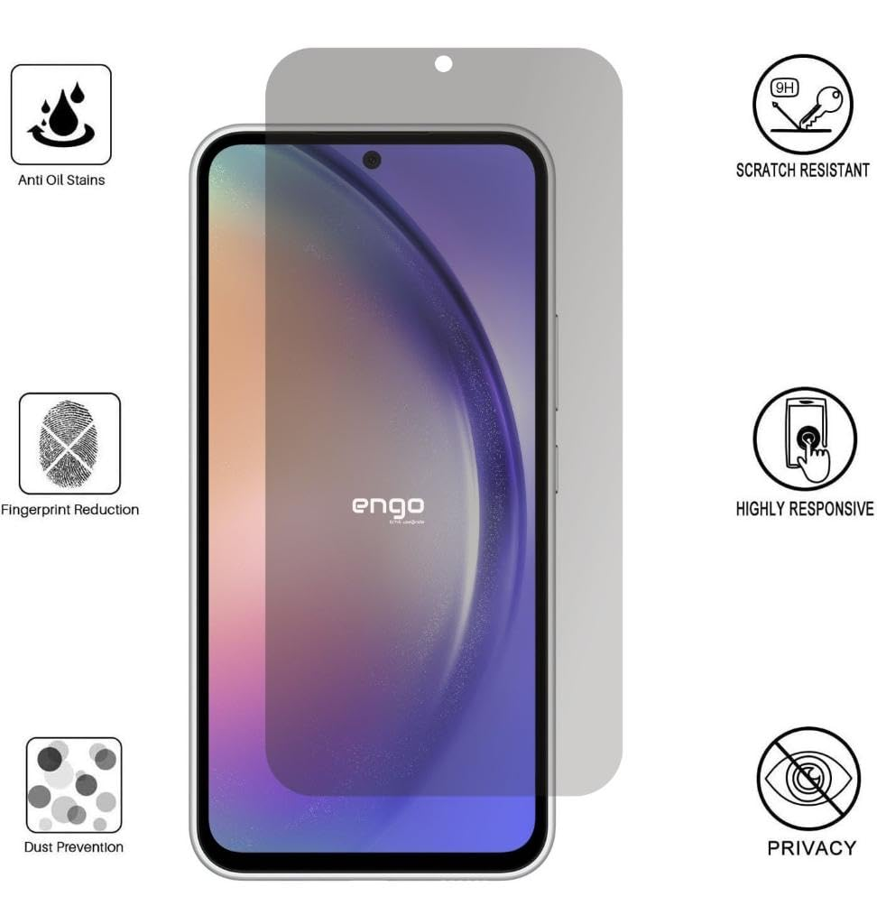 Gizlilik ekran koruyuculu akıllı telefon ve yağ, çizik, parmak izi, toz, tepki ve gizlilik simgeleri.