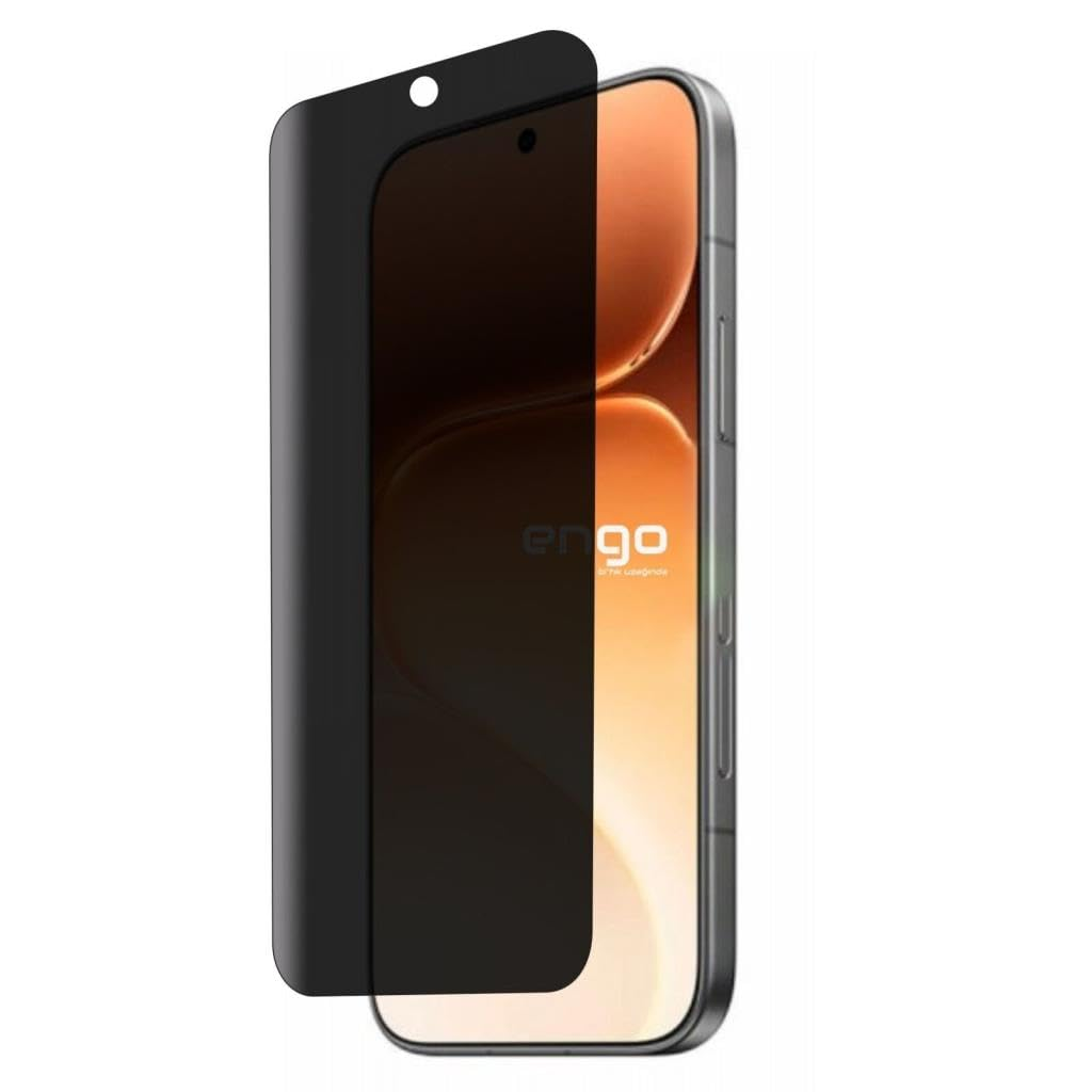 Gizlilik ekran koruyucusu kısmen kaldırılmış, turuncu duvar kağıtlı bir akıllı telefon.