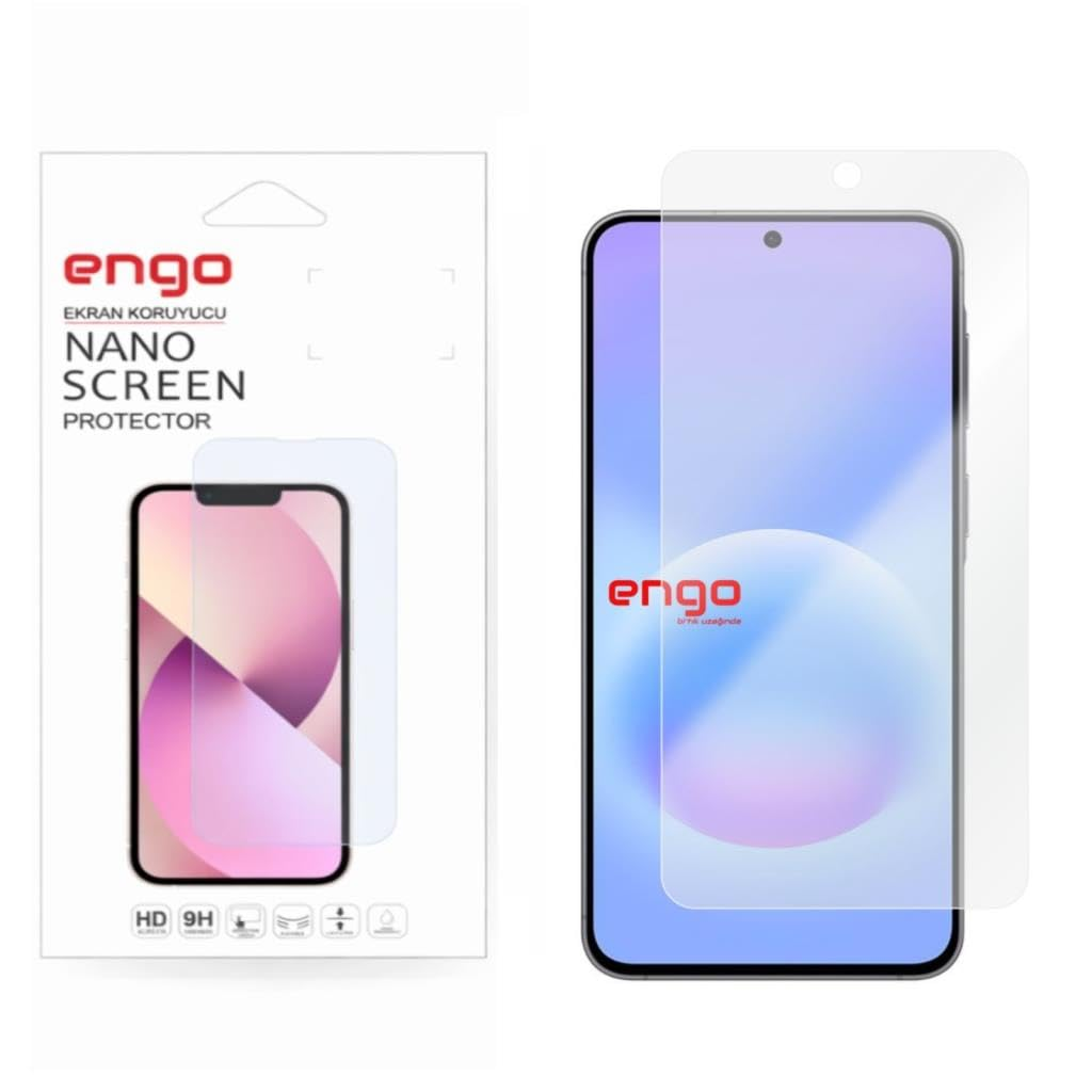 Akıllı telefon illüstrasyonu ve ayrı bir koruyucu film gösteren Engo nano ekran koruyucu ambalajı.