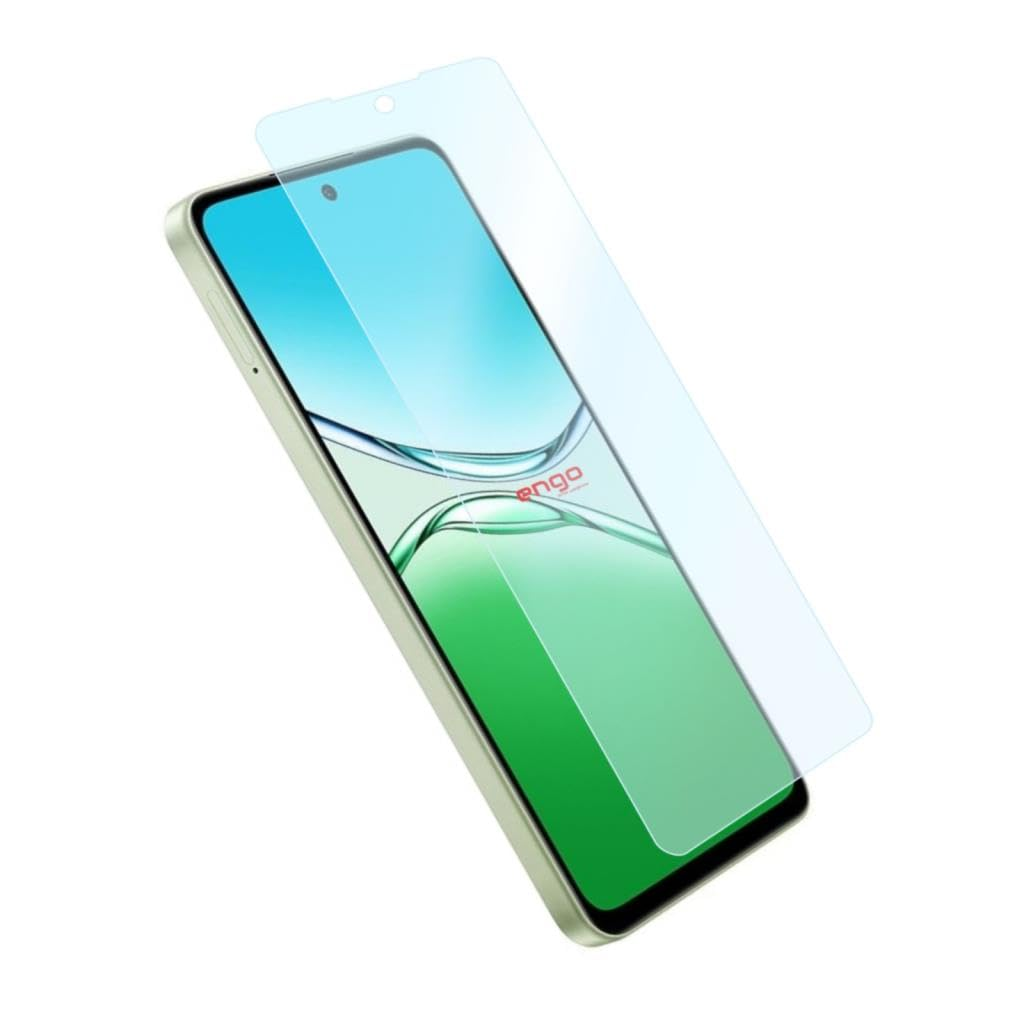 Ekranın üzerinde hafif açılı olarak duran şeffaf koruyucu filmli bir akıllı telefon.