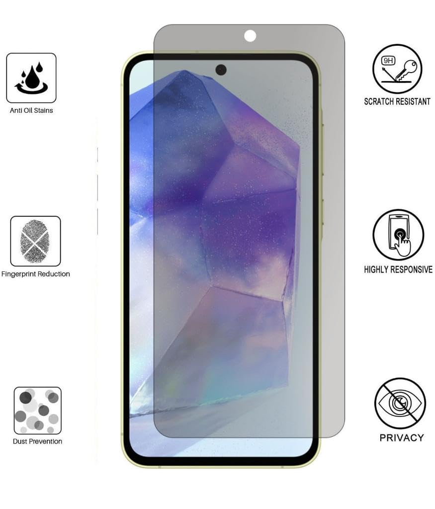 Gizlilik ekran koruyuculu akıllı telefon, çizilmezlik, gizlilik ve parmak izi azaltma simgeleriyle çevrili.