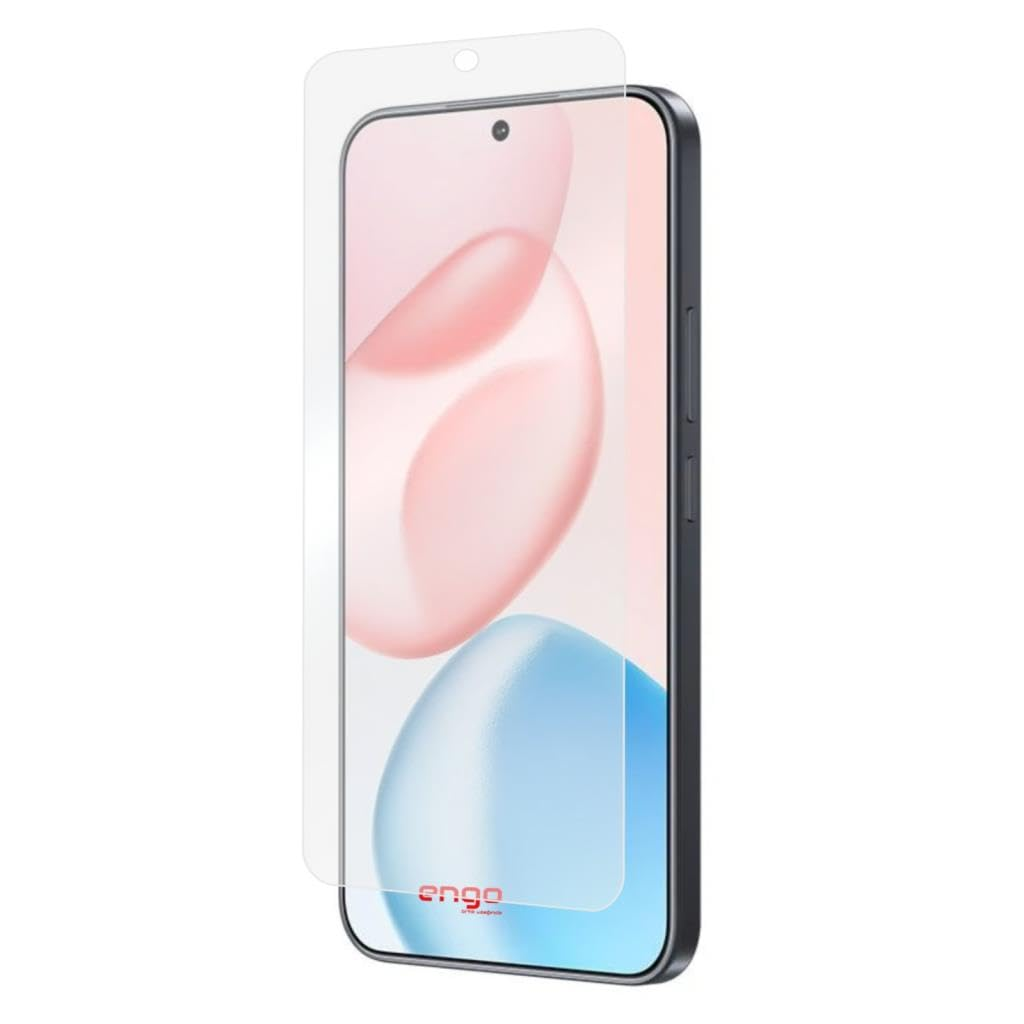 Ekranının hemen üzerinde duran şeffaf cam ekran koruyuculu koyu renkli bir akıllı telefon.