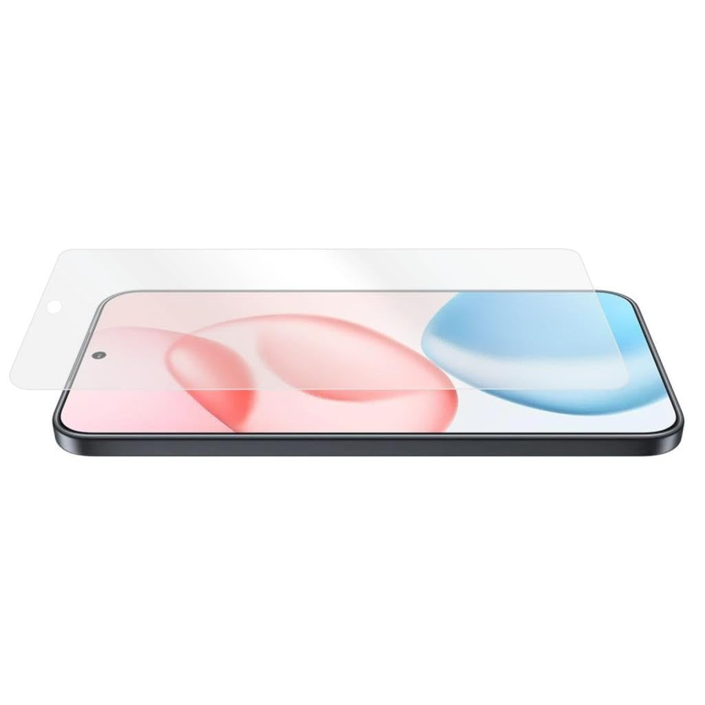 Üzerinde hafifçe süzülen koruyucu cam bulunan bir akıllı telefon, beyaz arka plan üzerinde.