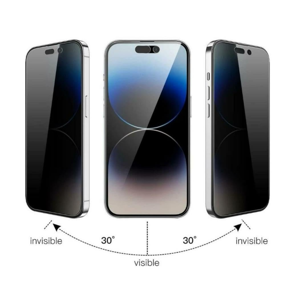 Gizlilik ekran koruyuculu bir akıllı telefonun üç görünümü, 30 dereceden görünür, yanlardan görünmez.