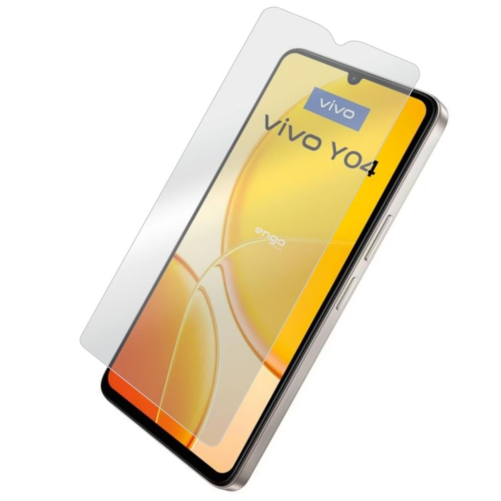 Üzerinde hafifçe süzülen koruyucu ekran filmiyle bir Vivo Y04 akıllı telefon.