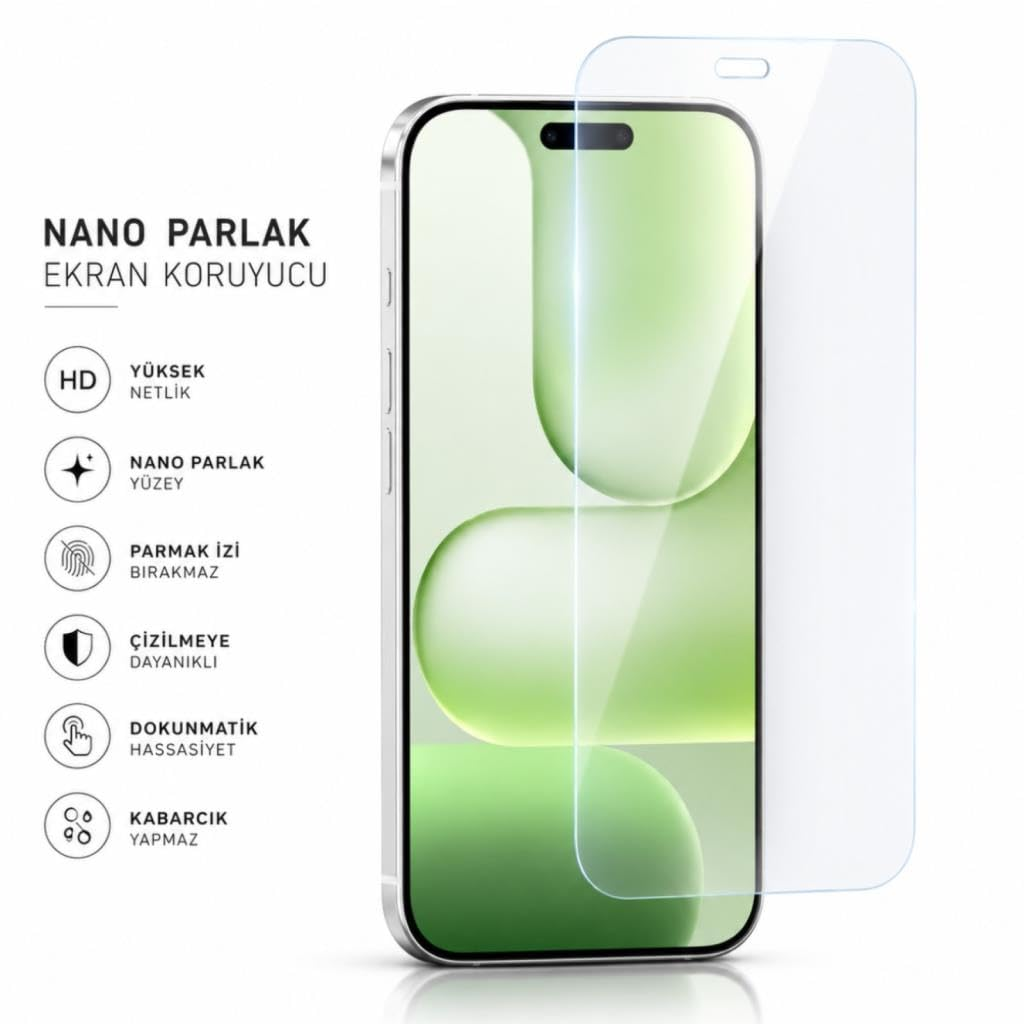 Nano ekran koruyuculu akıllı telefon ve solda özellik simgeleri.