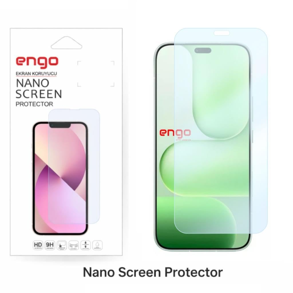Uygulanmış korumaya sahip bir akıllı telefonun yanında Engo nano ekran koruyucu ambalajı.