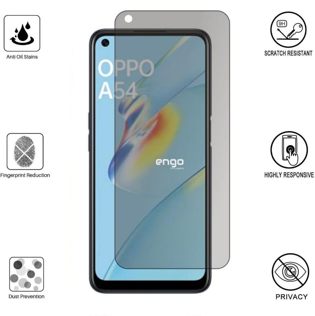 Gizlilik ekran koruyuculu Oppo A54 telefon ve etrafında altı özellik simgesi.