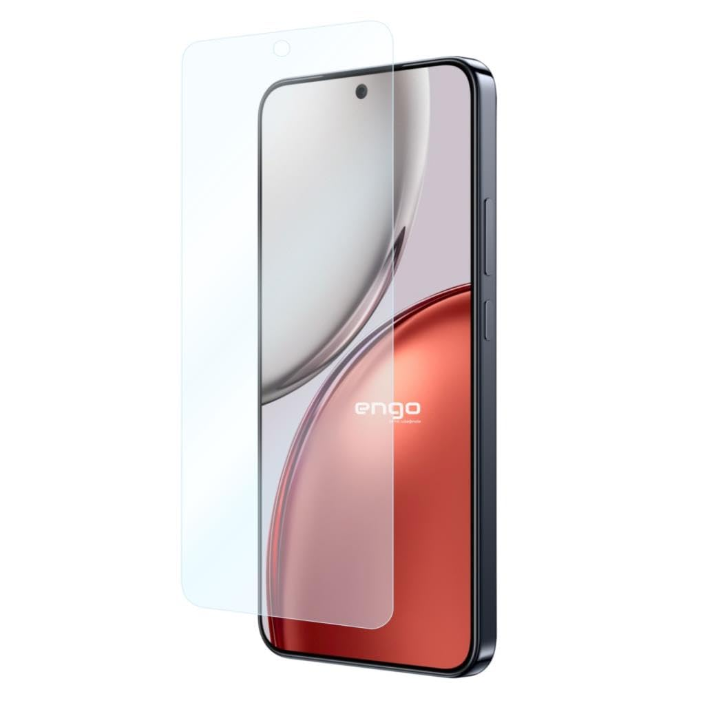 Beyaz bir arka plan üzerinde, hafifçe üzerinde yüzen ekran koruyuculu bir akıllı telefon.