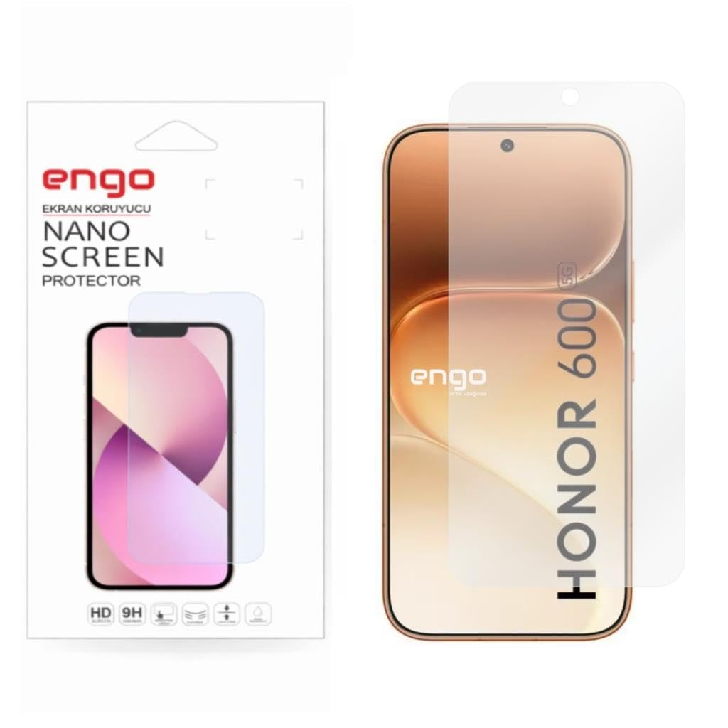 Şeffaf koruyuculu bir Honor 600 akıllı telefonun yanında Engo nano ekran koruyucu ambalajı.