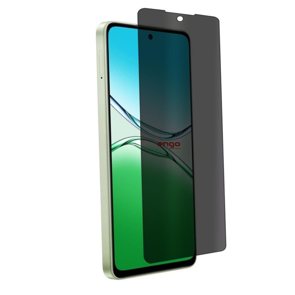 Açık yeşil renkli akıllı telefon, ekranın üzerinde kısmen duran koyu renkli bir gizlilik ekran koruyucusu ile.