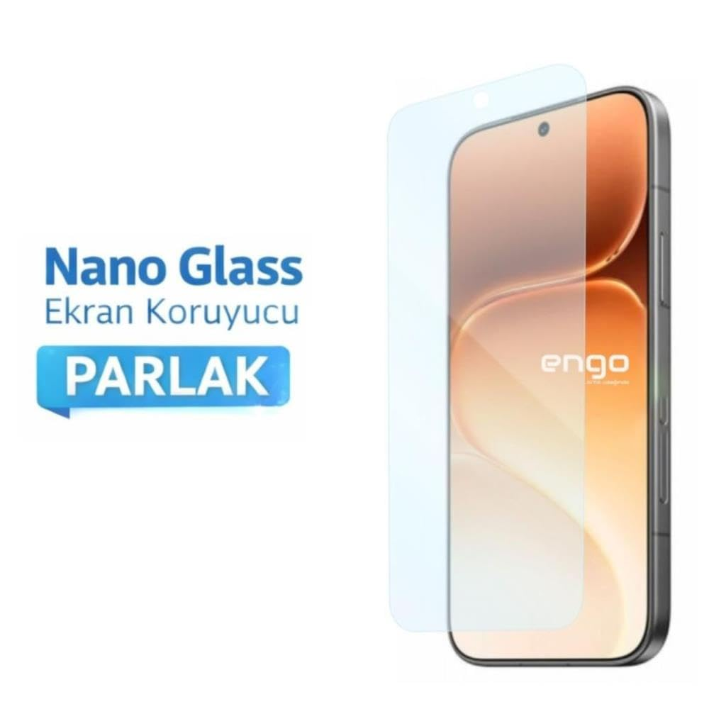 Önünde şeffaf nano cam ekran koruyucu olan akıllı telefon ve sol tarafta Türkçe metin.