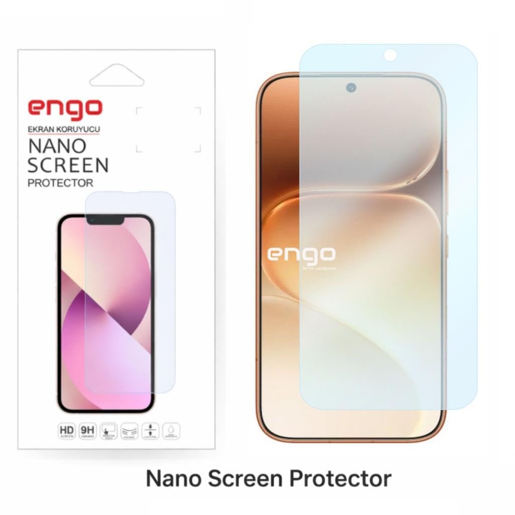 Ambalajında ve bir akıllı telefonda gösterilen Engo Nano ekran koruyucu.
