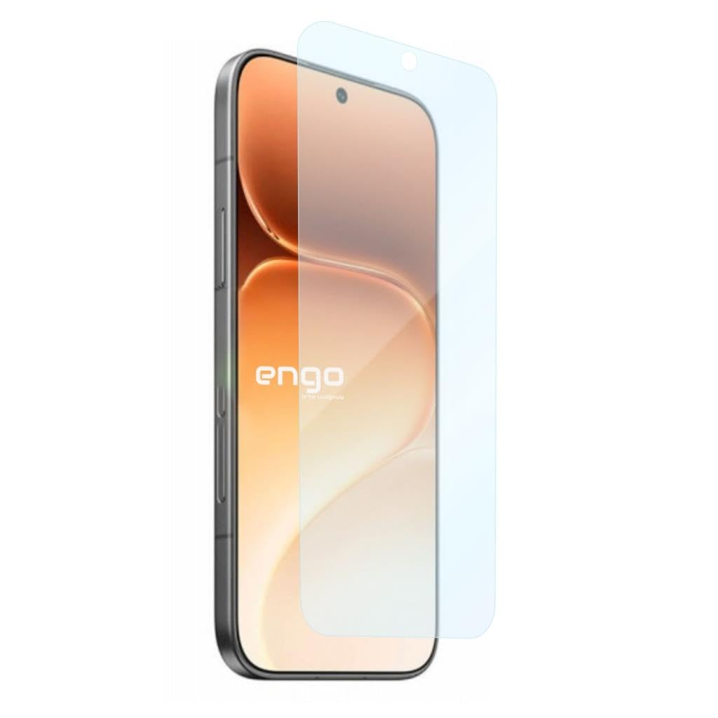 Turuncu ekranlı ve önünde şeffaf bir ekran koruyucu bulunan gri bir akıllı telefon.