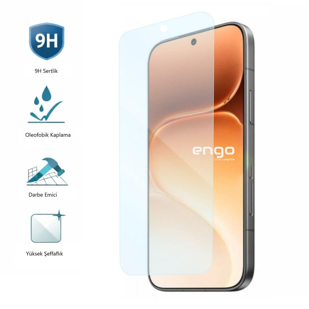 Ekran koruyuculu akıllı telefon ve sertlik, yağ iticilik, darbe emici ve şeffaflık simgeleri.