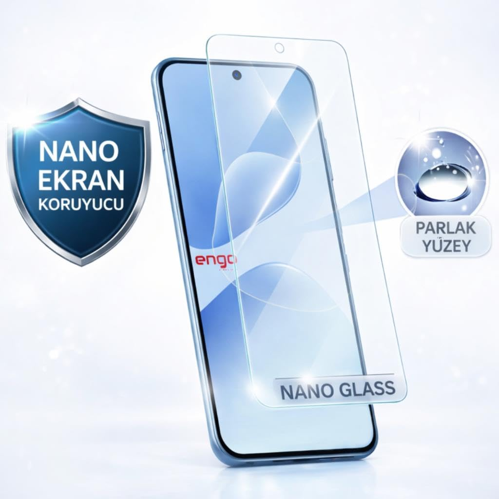 Nano cam ekran koruyuculu akıllı telefon, kalkan simgesi ve parlak yüzey grafikli açık arka plan.