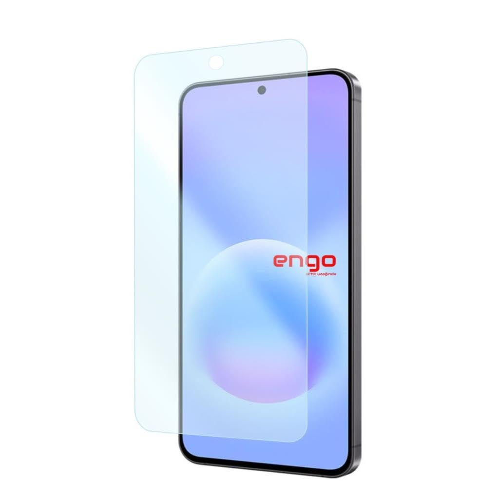 Önünde hafifçe konumlandırılmış şeffaf cam ekran koruyuculu bir akıllı telefon.