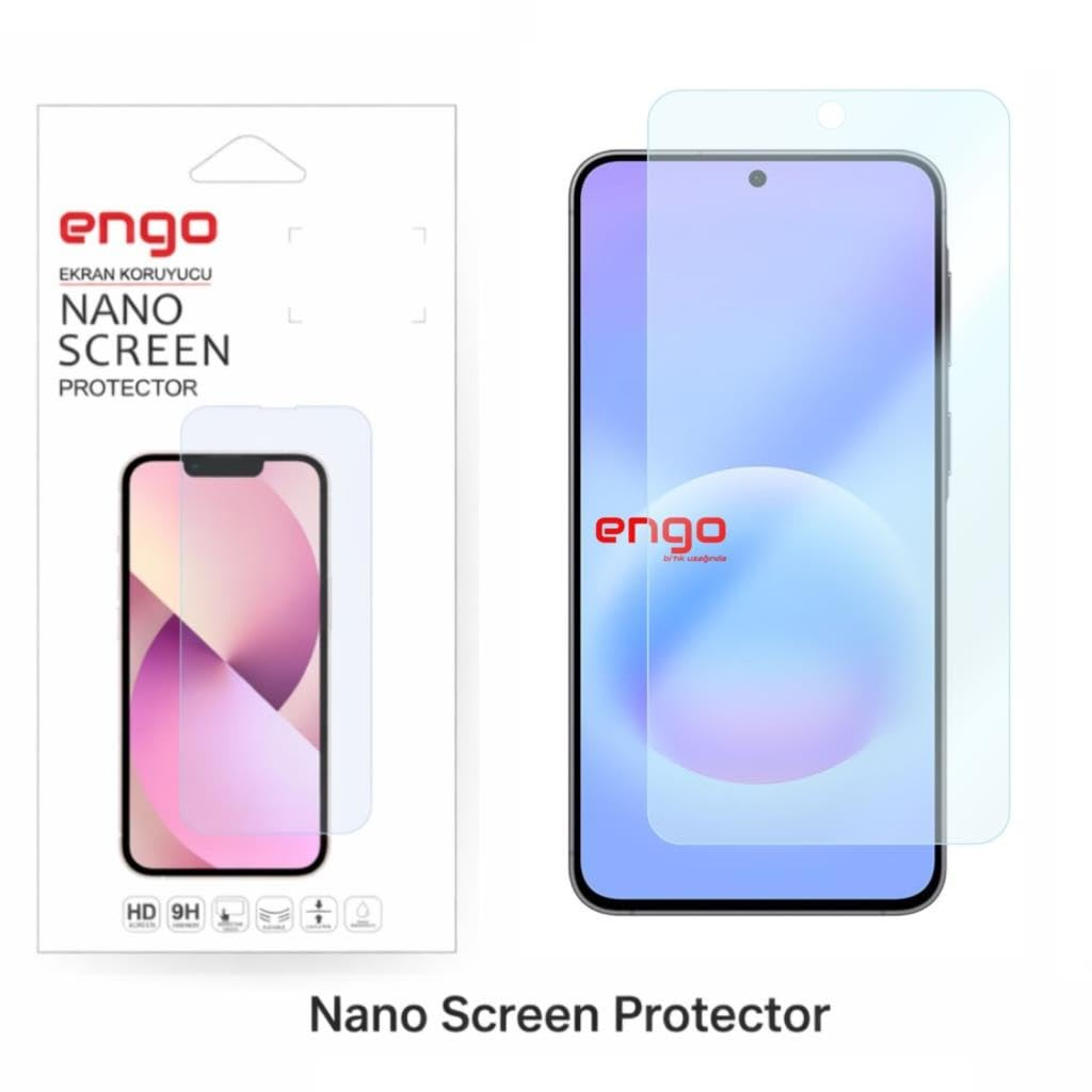 Koruyucu takılı bir akıllı telefonun yanında ambalajında Engo Nano ekran koruyucu.