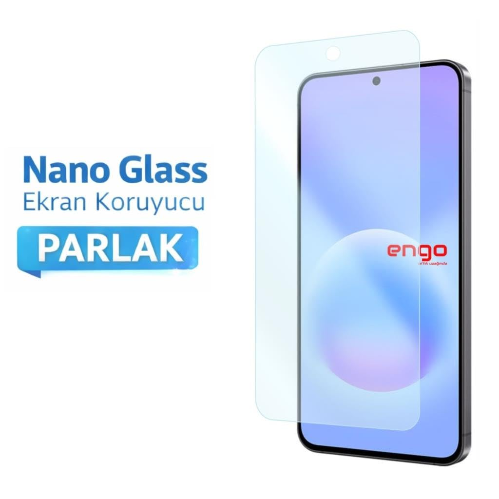 Önünde duran şeffaf ekran koruyucu ve sol tarafta tanıtım yazısı bulunan bir akıllı telefon.