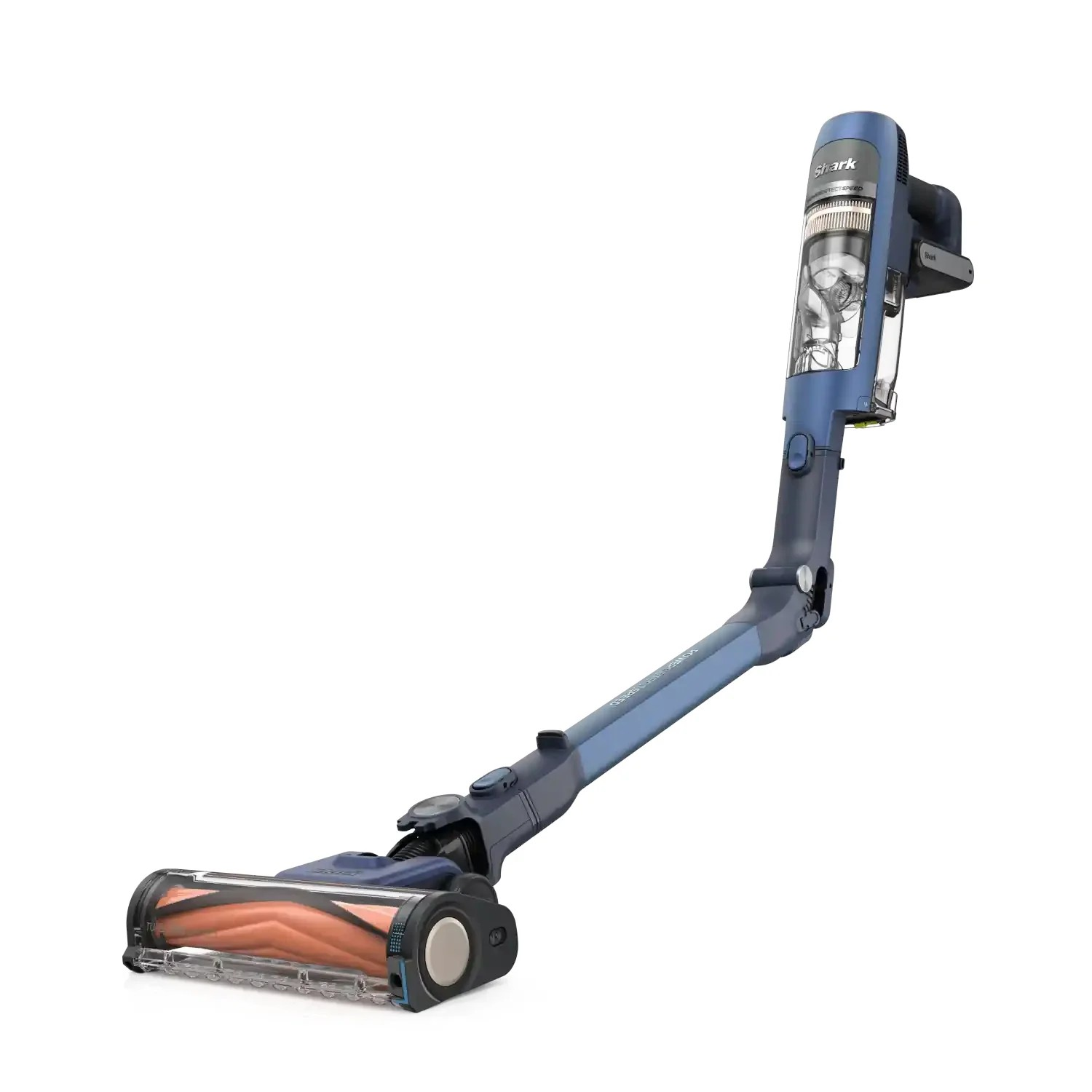 Un aspirapolvere cordless Shark blu con tubo flessibile e spazzola rotante su sfondo bianco.