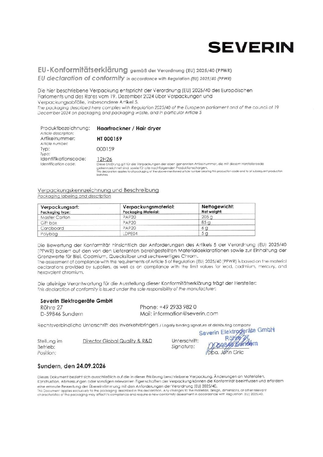 Dichiarazione UE di conformità per imballaggio asciugacapelli con dettagli e firma.