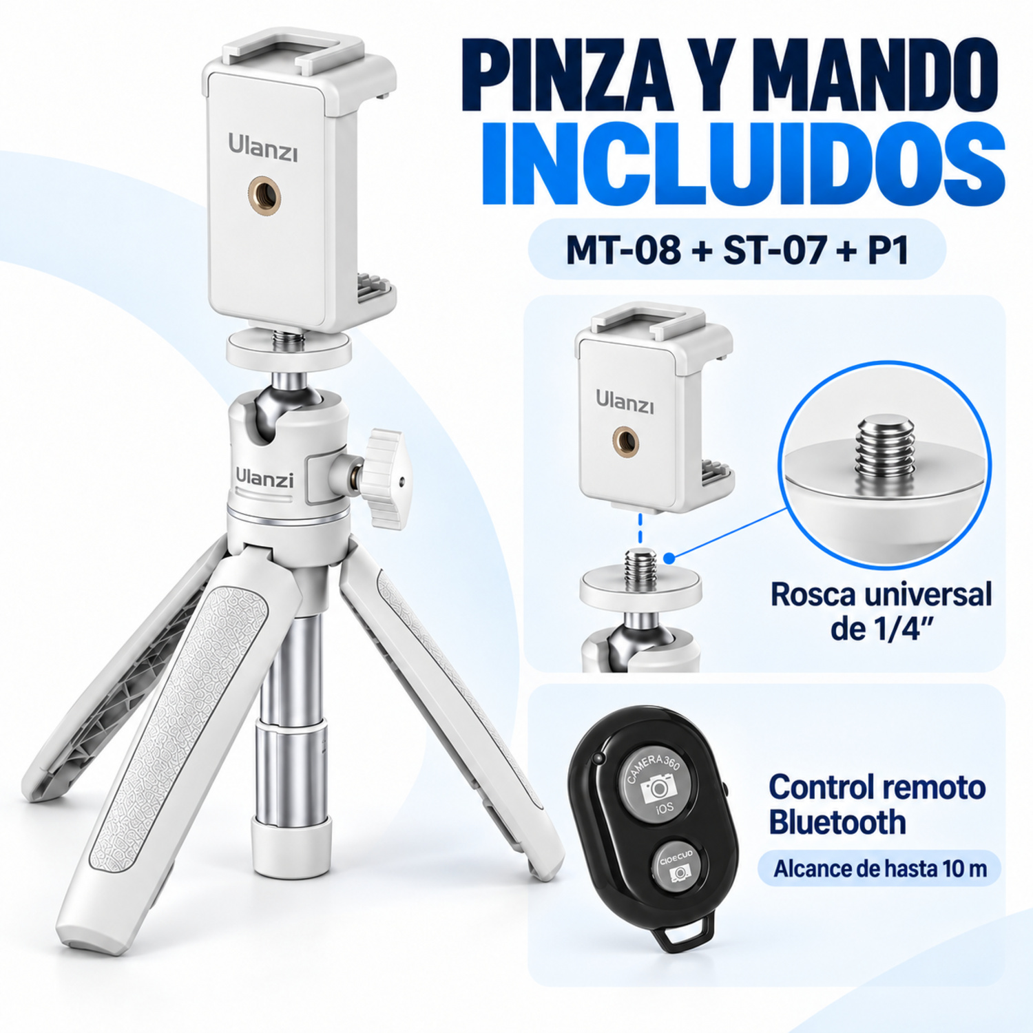 Mini treppiede bianco Ulanzi con supporto per telefono e telecomando Bluetooth su sfondo chiaro.