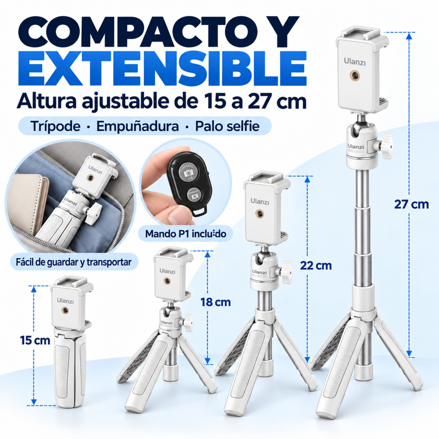 Treppiede per telefono Ulanzi bianco in quattro altezze da 15 a 27 cm, con telecomando.