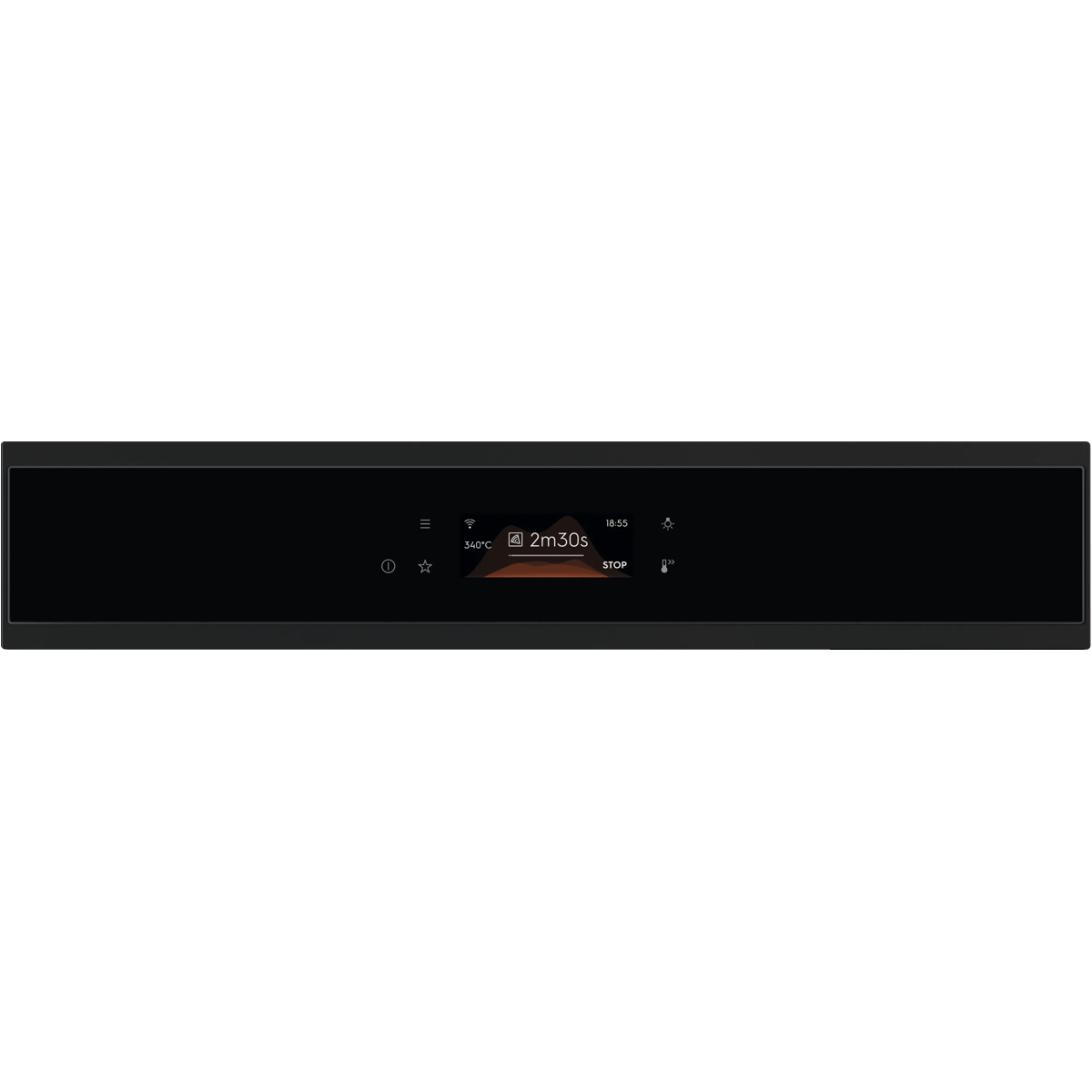 Pannello di controllo del forno nero con display digitale al centro e varie icone a sfioramento.