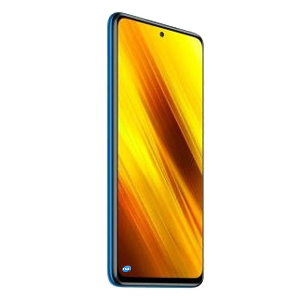Uno smartphone blu con uno schermo astratto giallo e arancione su sfondo bianco.