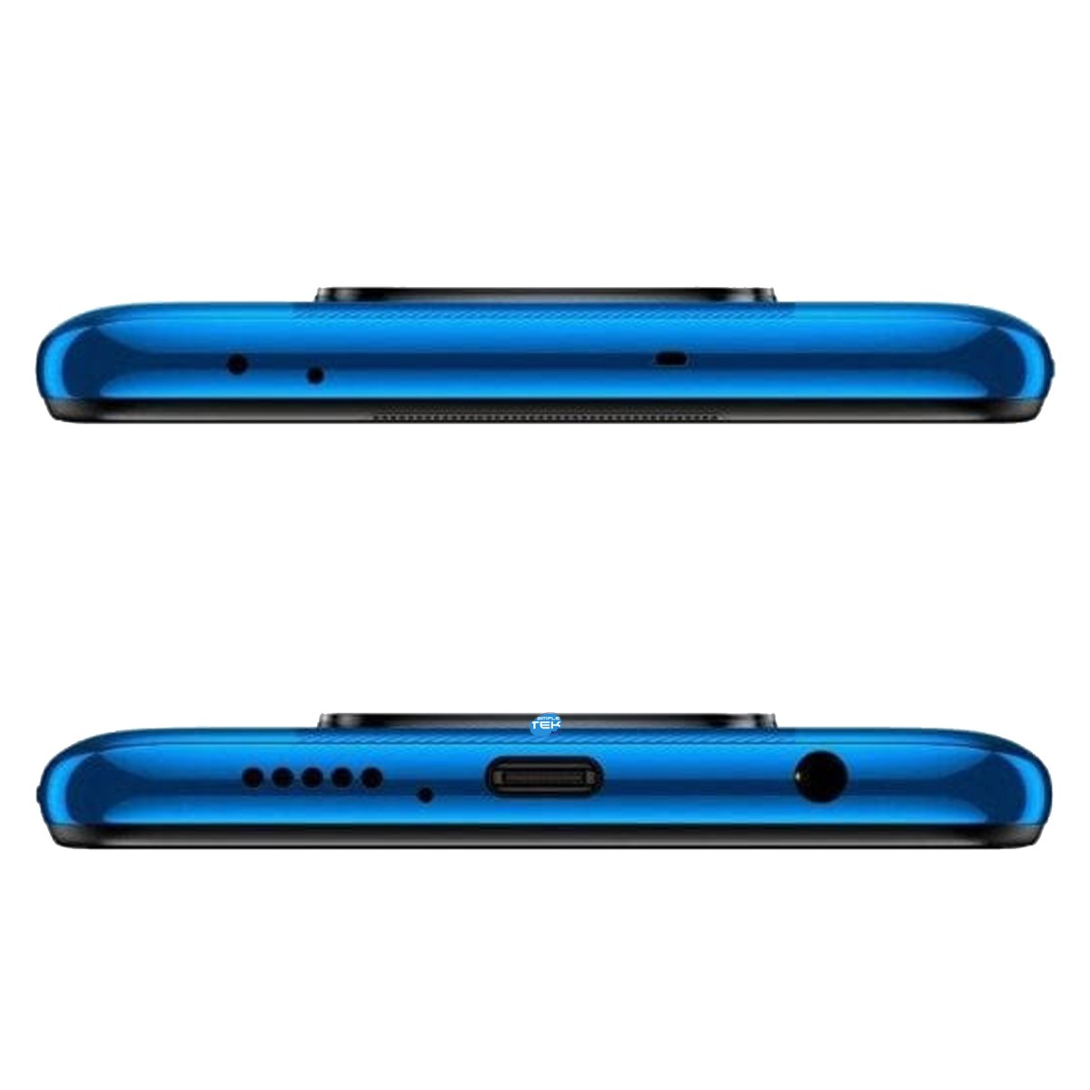 Vista dei lati dello smartphone blu con porte, altoparlanti e fotocamera.