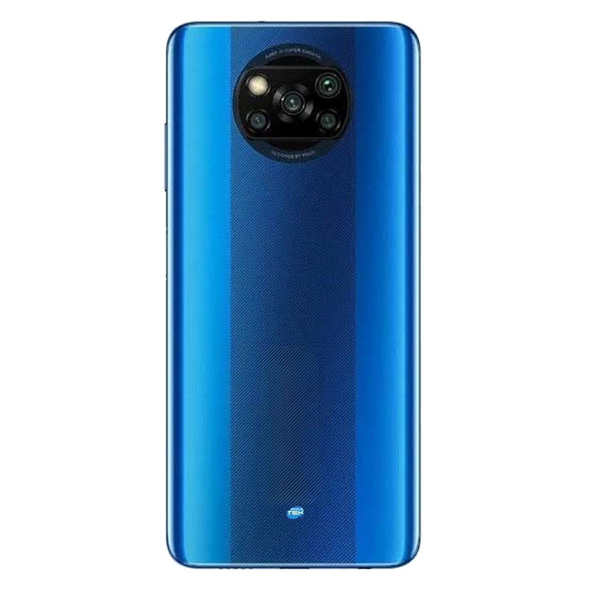 Retro di uno smartphone blu con una fotocamera quadrupla circolare in alto e una striscia testurizzata.