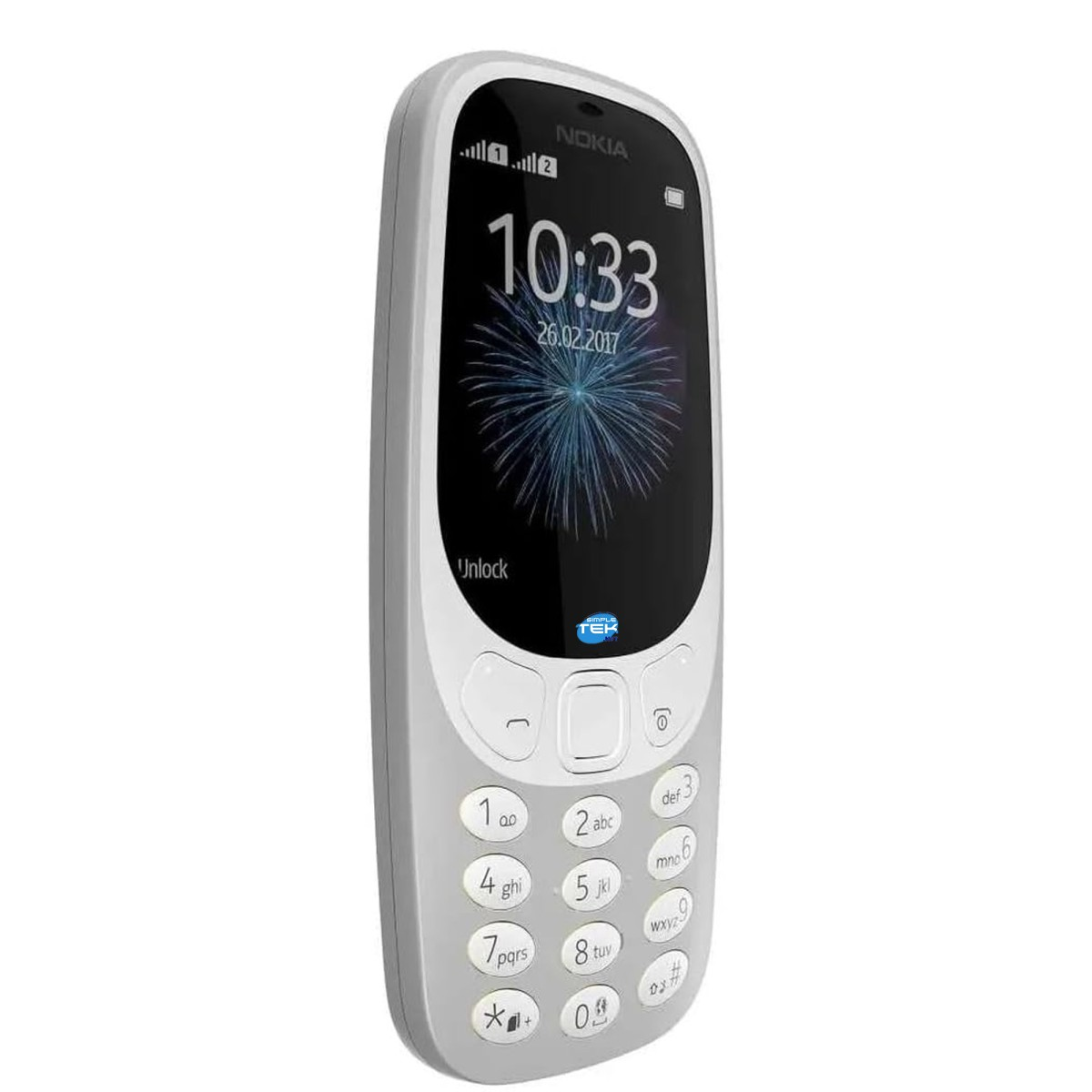 Un cellulare Nokia bianco con display a colori e tastierino numerico su sfondo bianco.