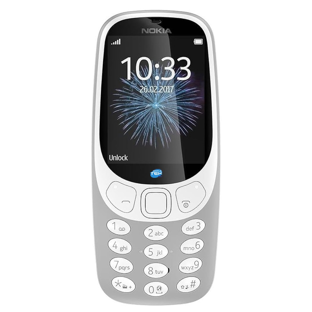 Un cellulare Nokia bianco con schermo che mostra l'ora e un fuoco d'artificio.
