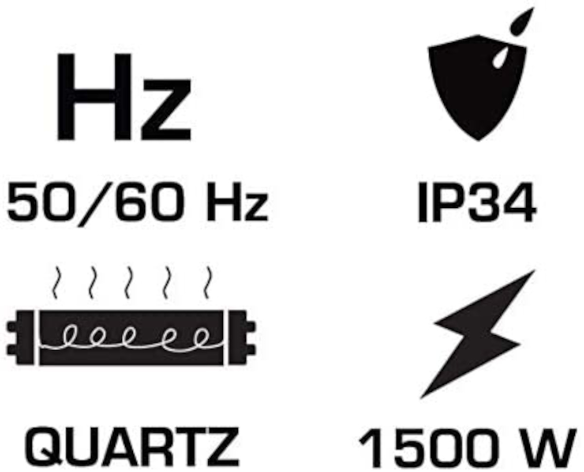 Symbole zeigen 50/60 Hz, IP34 Wasserschutz, Quarzheizelement und 1500 W Leistung.