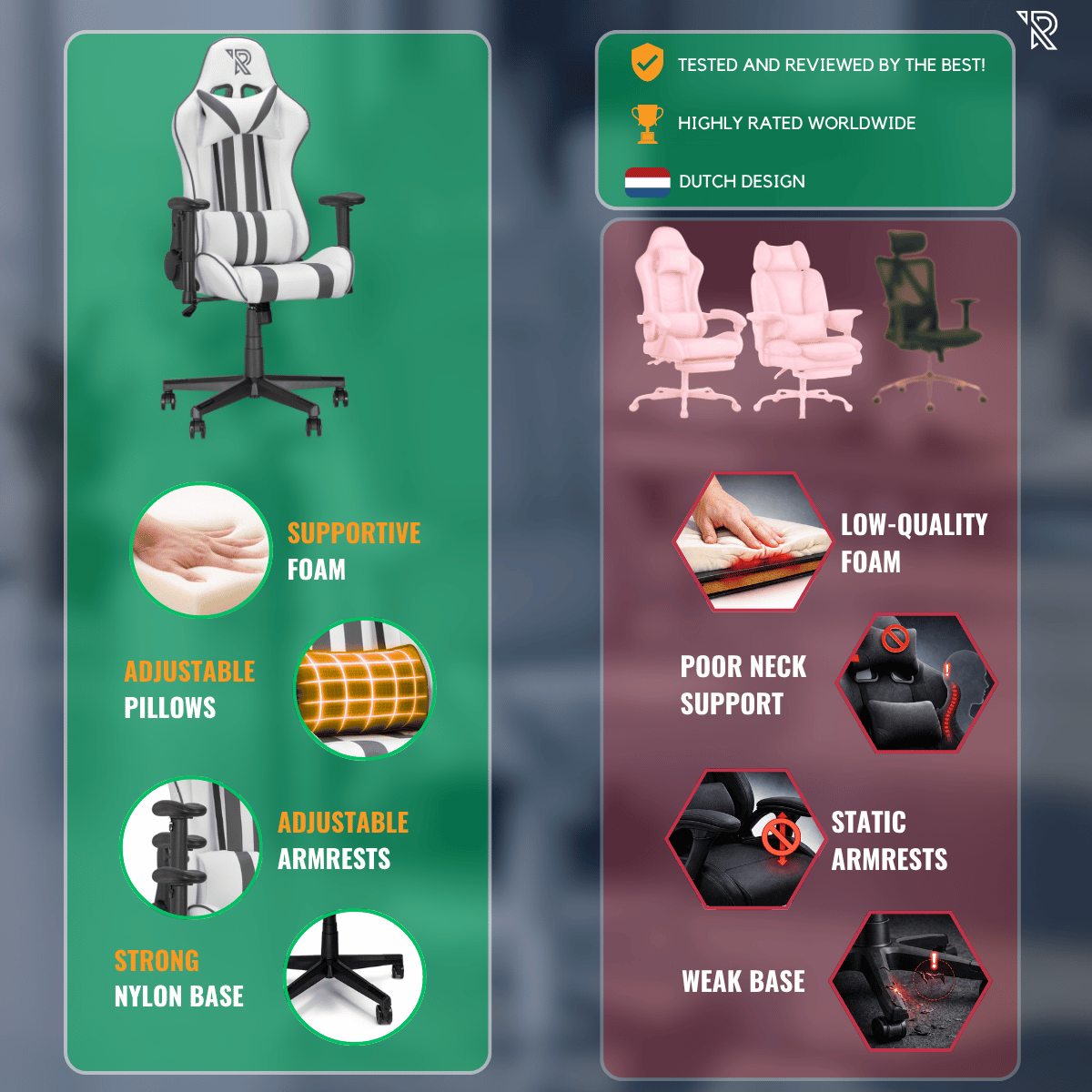 Gráfico comparativo de una silla gaming ergonómica de alta calidad frente a malas alternativas.